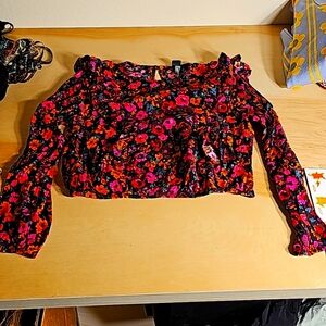 Womens Wild Fable Floral Print 100% Rayon Cropped Long Sleeve Blouse XS